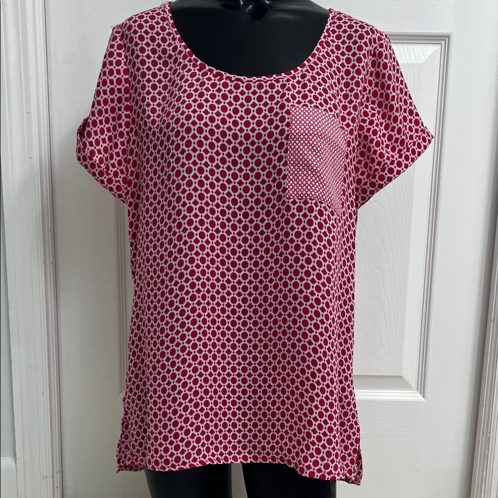 Banana Republic Stylish Red Polka Dot Women's Medium Short Sleeve Top